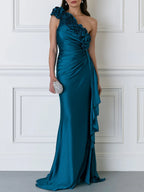 Teal Satin One-Shoulder Floral Applique Draped Evening Gown with Ruffle Slit
