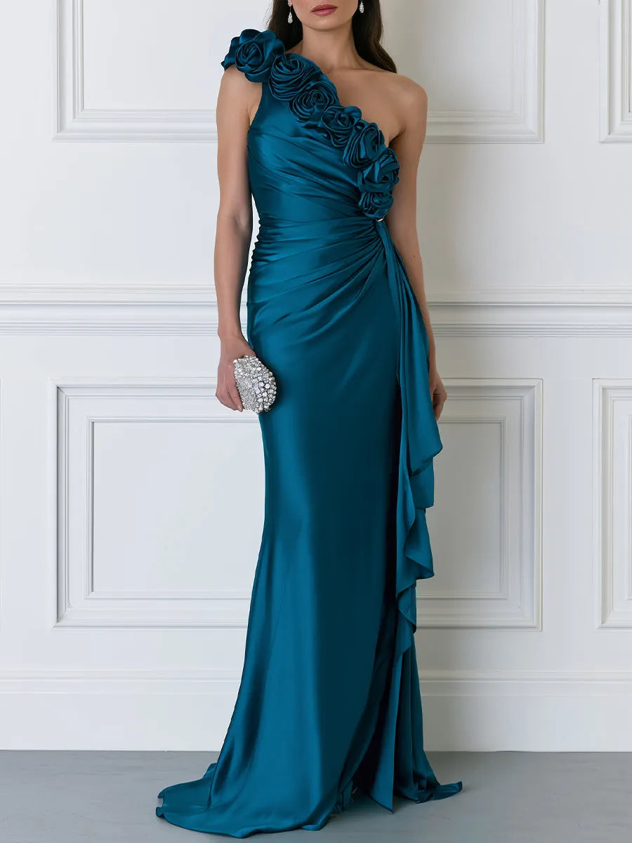 Teal Satin One-Shoulder Floral Applique Draped Evening Gown with Ruffle Slit