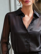 Sheer Sleeve Pointed Collar Button-Up Blouse