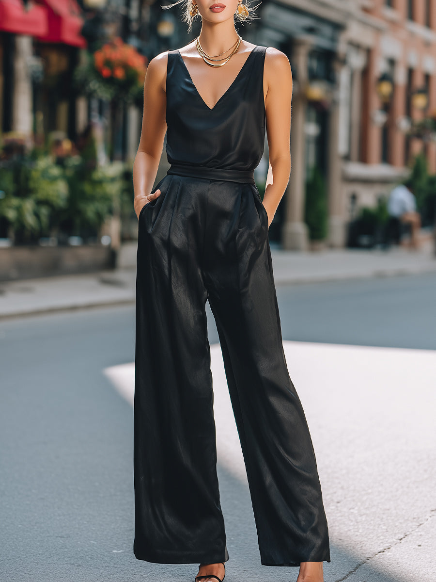 Sleeveless V-Neck Top & Wide-Leg Pants Set