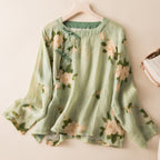 Women's Casual Floral Art Linen Blend Blouse
