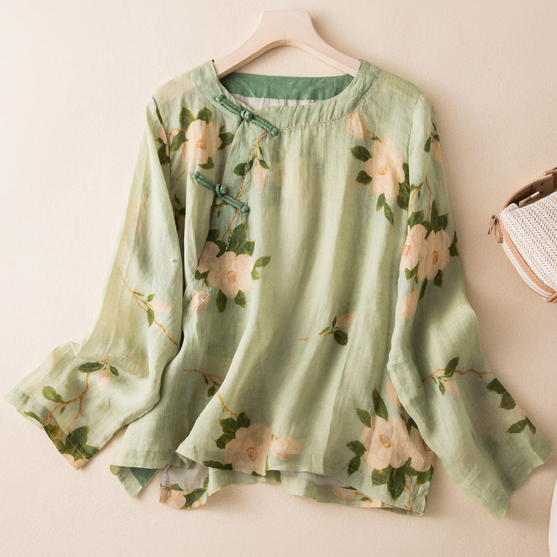 Women's Casual Floral Art Linen Blend Blouse