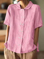 Women Loose Button Down Plain Cotton Linen Short Sleeve Blouse