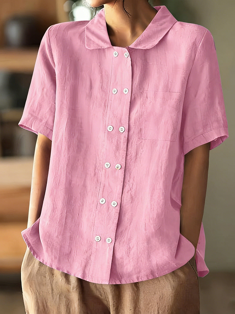 Women Loose Button Down Plain Cotton Linen Short Sleeve Blouse