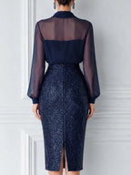 Sheer Chiffon Blouse & Sequin Midi Skirt Two-Piece Set