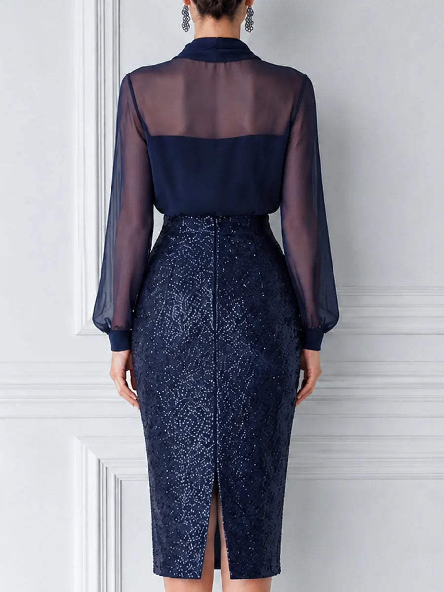Sheer Chiffon Blouse & Sequin Midi Skirt Two-Piece Set
