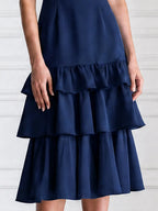 Elegant Cold Shoulder Smocked Ruffle Layered Cake Midi Dress