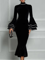 Velvet Mock-Neck Tiered Bell-Sleeve Mermaid Midi Dress