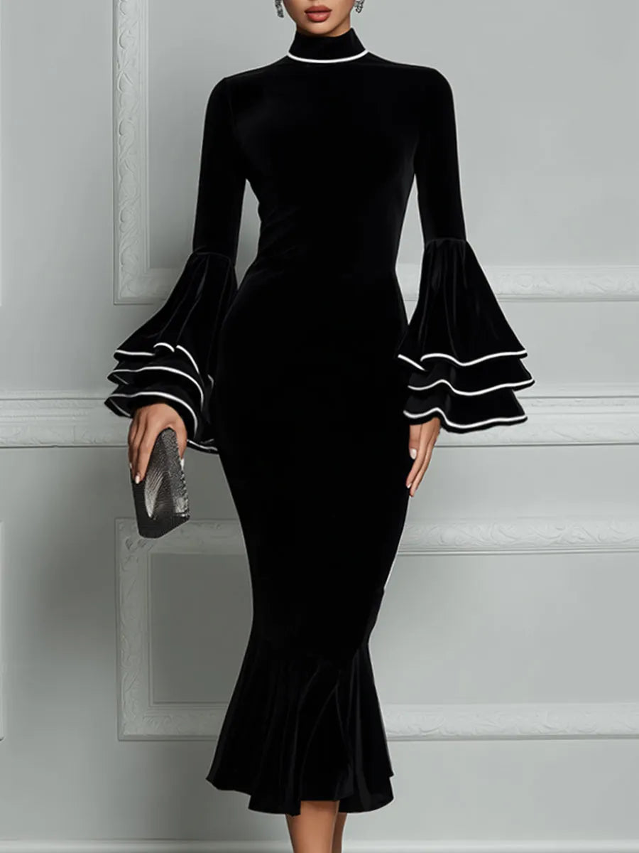 Velvet Mock-Neck Tiered Bell-Sleeve Mermaid Midi Dress