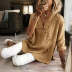 Women's Solid Color Button Design Linen Blend Shirt
