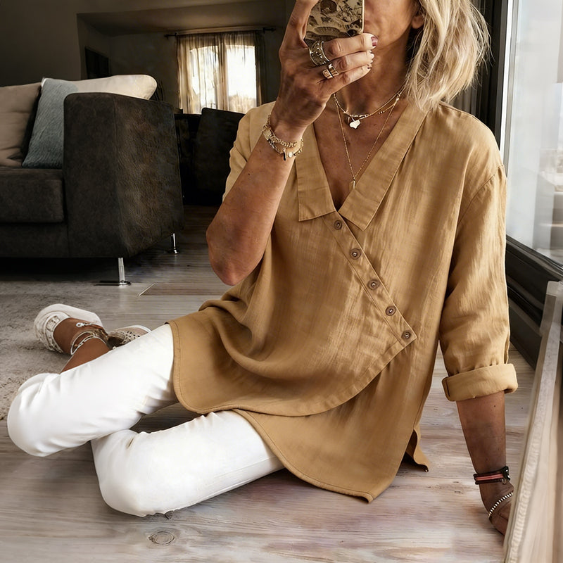 Women's Solid Color Button Design Linen Blend Shirt