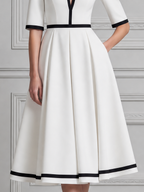 White Dress Contrast Trim Pleated A-Line Midi Dress