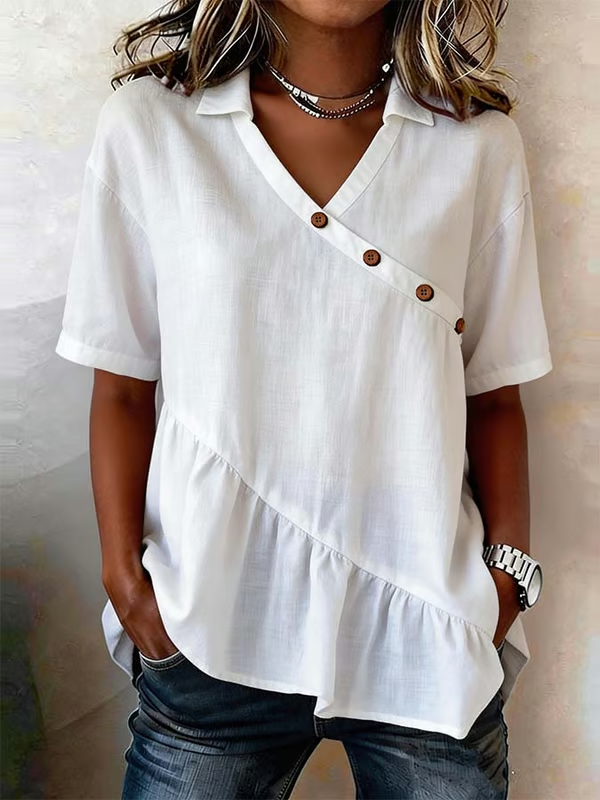 Casual Buttons Ruffled Hem Cotton-linen Shirt Top