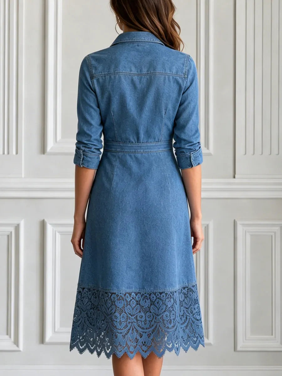 Elegant Waist Fitting Lace Hem Cutwork Denim Shirt Dress