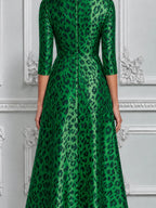 Emerald Green Leopard Print Cowl Neck A-Line Midi Dress