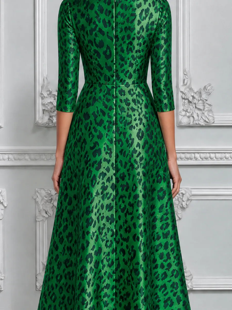 Emerald Green Leopard Print Cowl Neck A-Line Midi Dress
