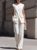 Asymmetrical Sleeveless Blazer Vest & High-Waisted Wide-Leg Trousers Two-Piece Suit