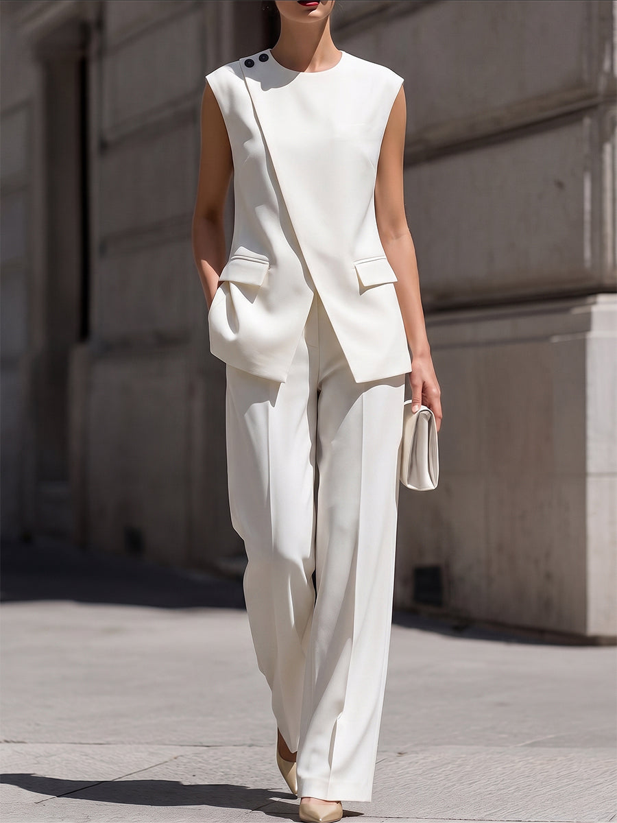 Asymmetrical Sleeveless Blazer Vest & High-Waisted Wide-Leg Trousers Two-Piece Suit