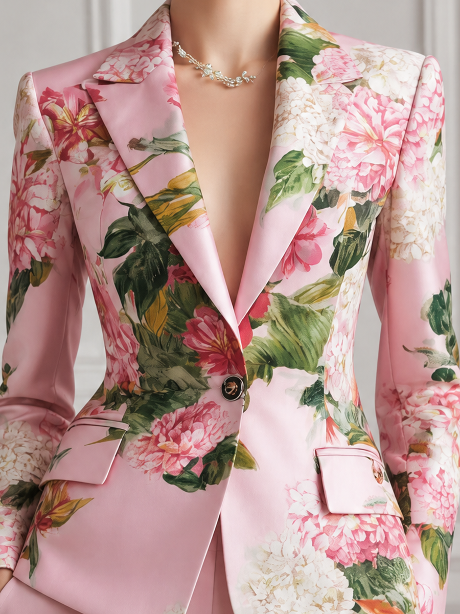 Pink Floral Satin Tailored Blazer