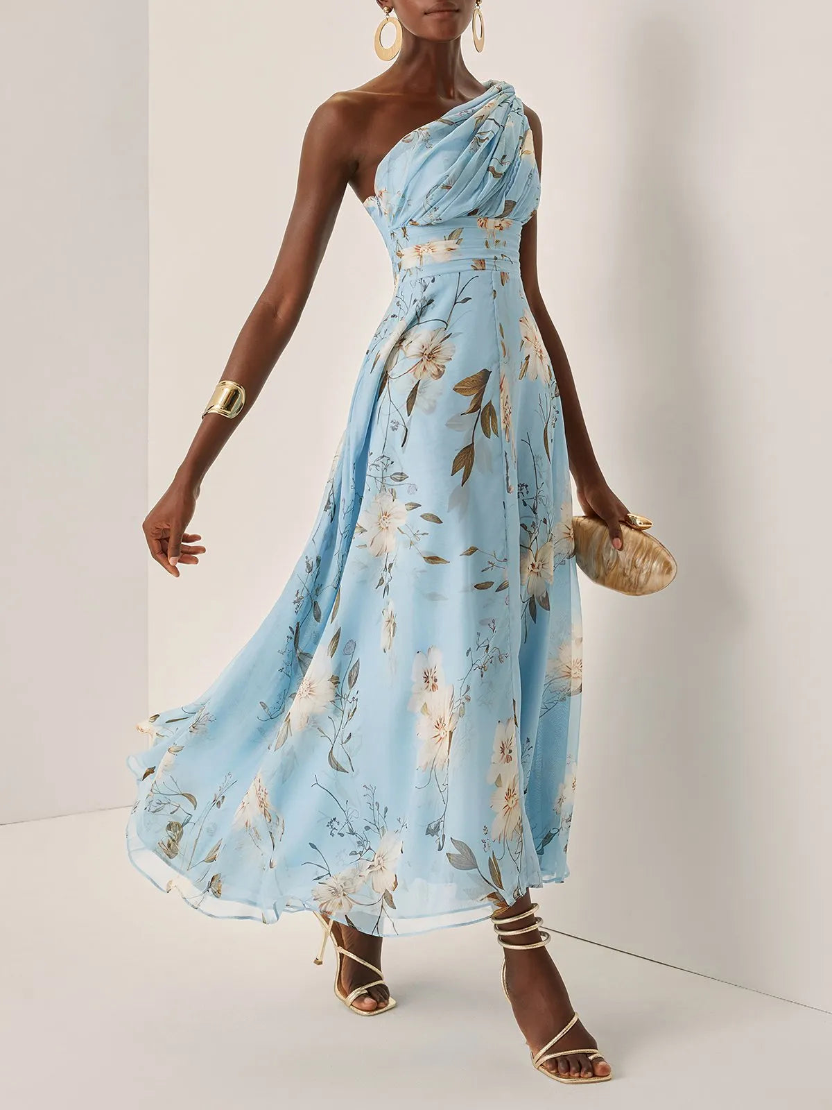 Light Blue Floral Pleated Chiffon One-shoulder Maxi Dress