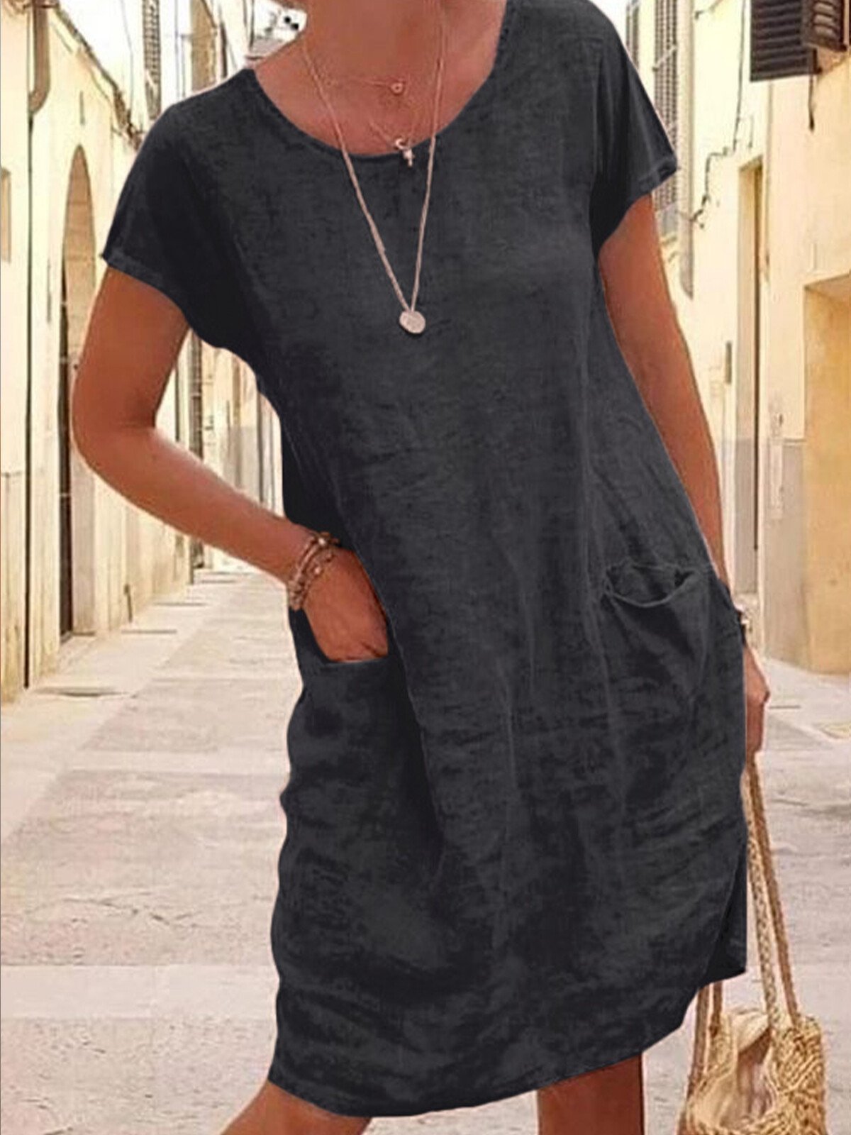 Loose Solid Color Pocket Short Sleeve round Neck Cotton and Linen Dress
