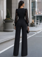 Lace-Sleeve Ruffle Wide-Leg Jumpsuit
