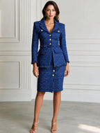 Elegant Royal Blue Tweed Fringe Blazer & Pencil Skirt Set