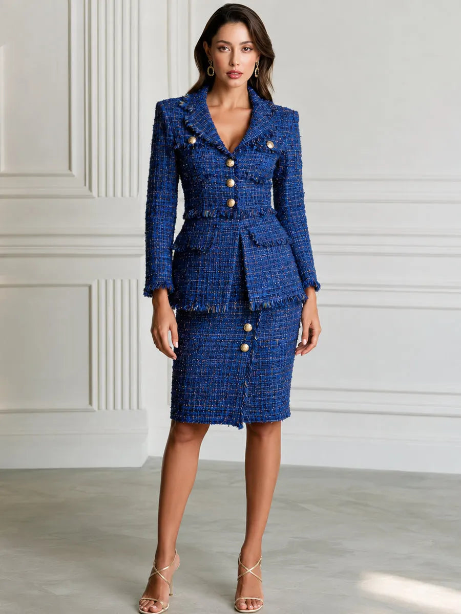 Elegant Royal Blue Tweed Fringe Blazer & Pencil Skirt Set