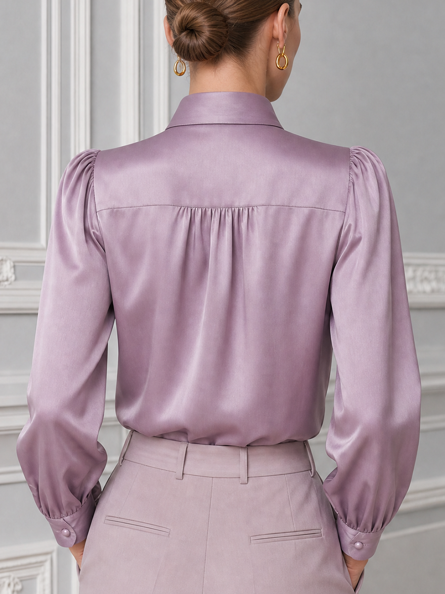 Mauve Satin Lace Puff Sleeve Button Front Blouse