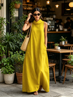 Lemon Yellow Cotton-Blend Cowl Neck Sleeveless Loose Maxi Dress