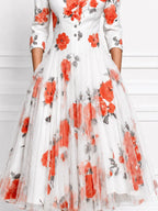White Watercolor Red Floral Print Shirt Collar Pleated Tulle A-Line Midi Dress