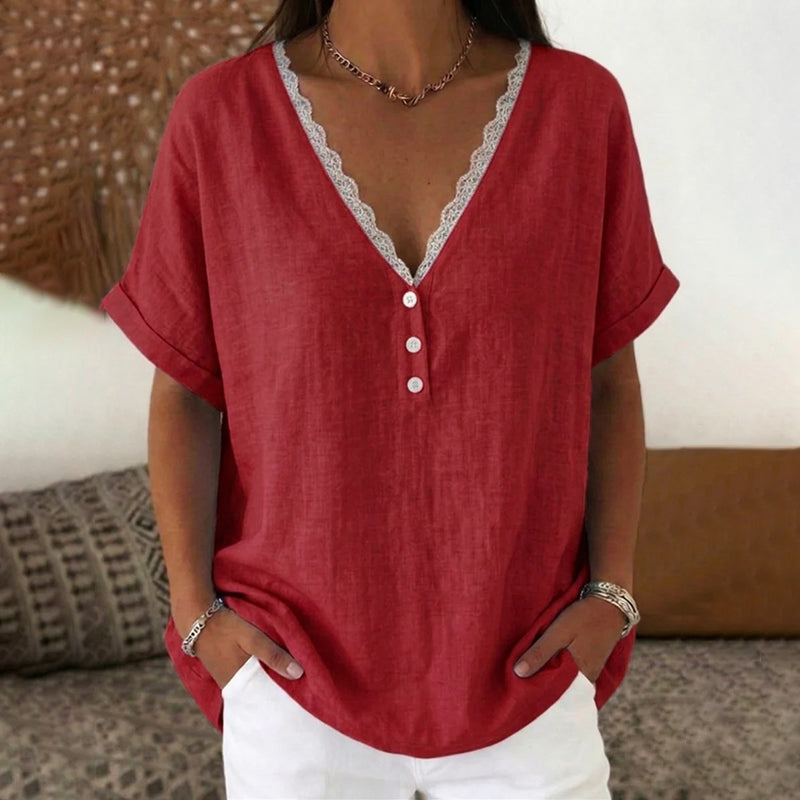 Women's Solid Color Lace V-neck Short Sleeve Linen Blend T-shirt