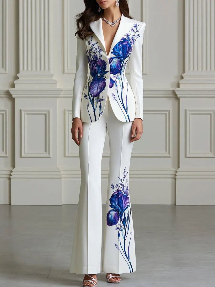 Iris Printed Fitted Blazer & Flared Pants Two-Piece Suit Set