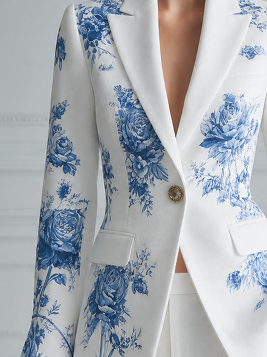 White Blue Floral Tailored Blazer