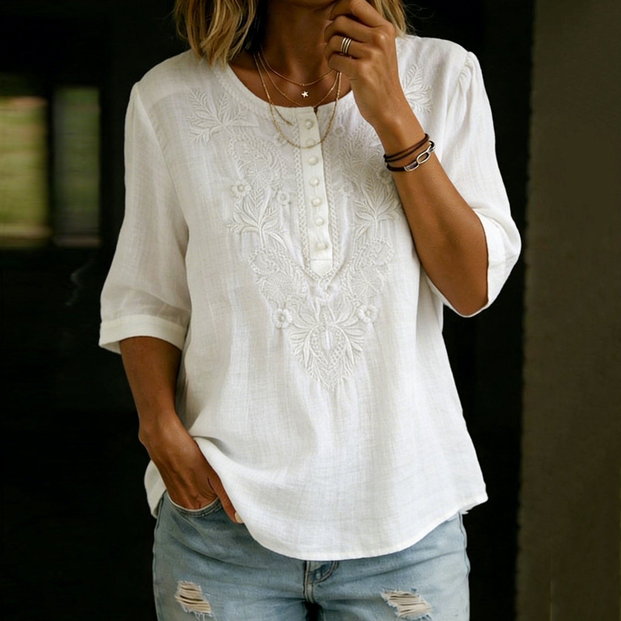 Women's Vintage Floral Embroidery Linen Shirt