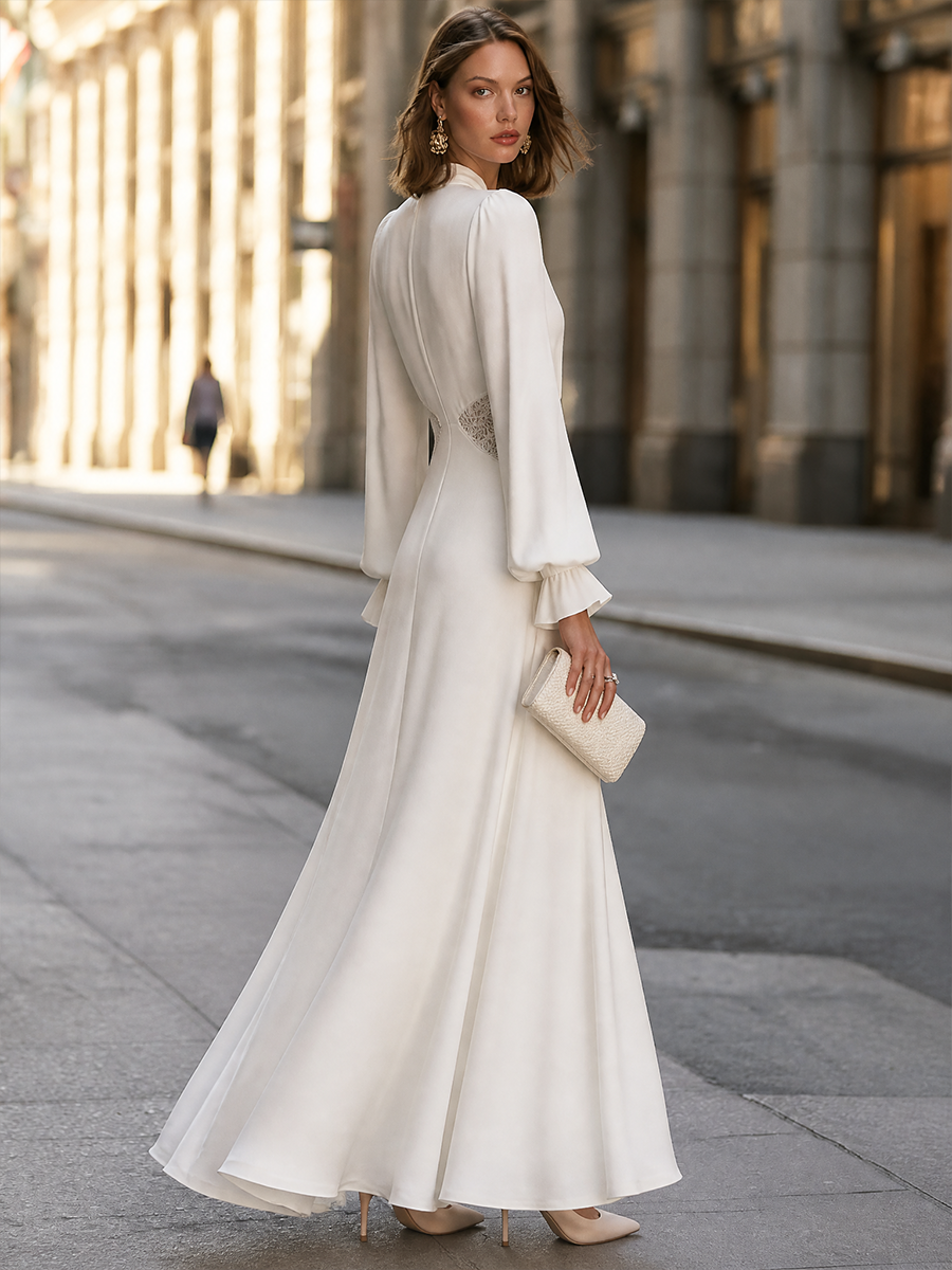 Tie-Neck Lace-Panel Balloon-Sleeve Maxi Dress