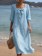 Stylish Square-neck Linen And Cotton Bow Dress