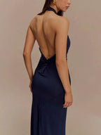 Slinky Halter Maxi Dress - Navy