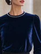 Beaded Neckline Velvet Gathered-Shoulder Top