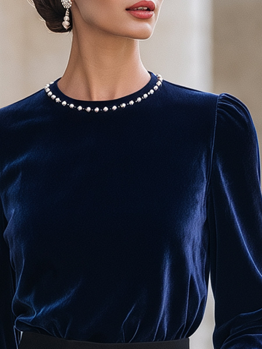 Beaded Neckline Velvet Gathered-Shoulder Top