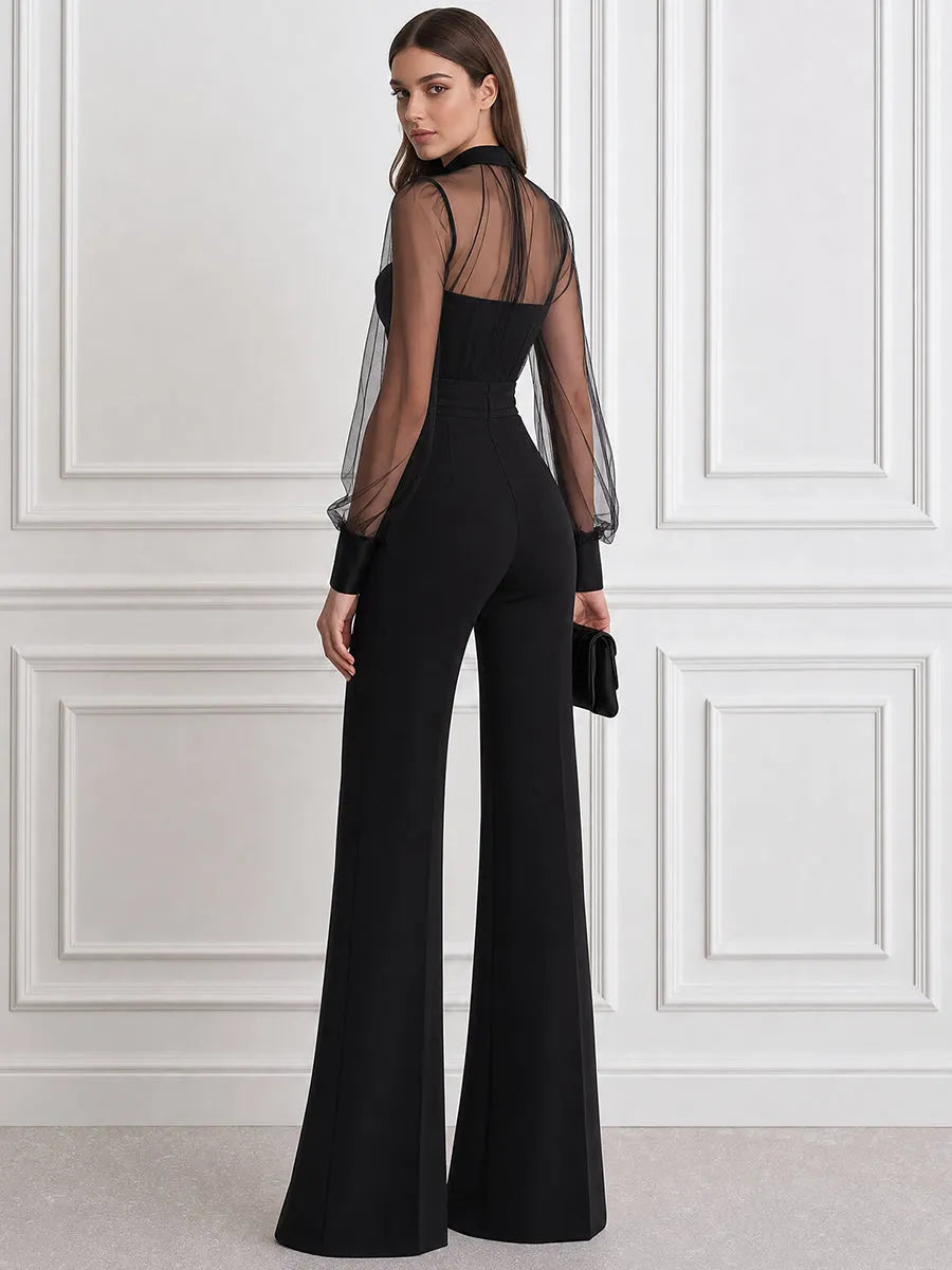 Elegant Mesh Sheer Long Sleeve High Neck Wide Leg Jumpsuit