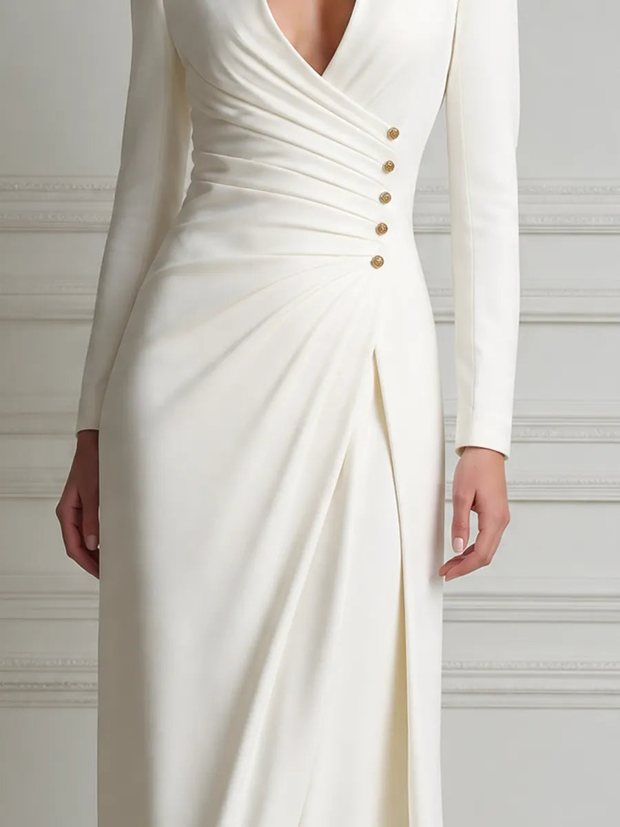 White Dress Wrap V Neck Ruched Button Slit Midi Dress