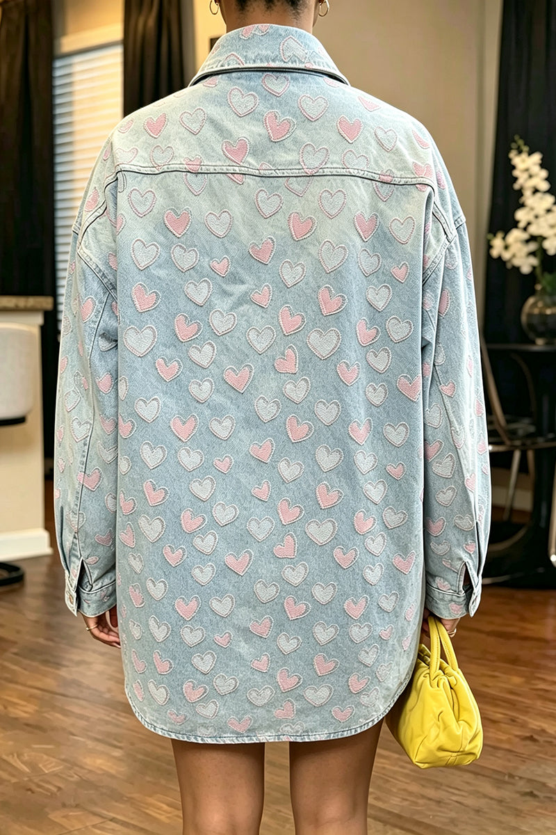 Women's Casual Loose Heart Pattern Hot-Fix Rhinestone Denim Jacket