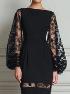 Bateau Neck Floral Lace Balloon Sleeve Sheer-Stripe Hem Bodycon Midi Dress