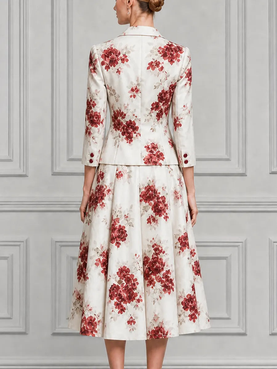 Ivory Watercolor Red Rose Print Tailored Blazer & Pleated A-Line Midi Skirt Two-Piece Suit Set