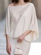 Ivory Lace Panel Draped Cape Blouse With Midi Skirt Set