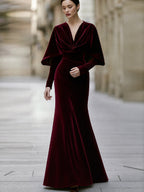 Elegant Velvet V-Neck Cape Sleeve Mermaid Evening Gown