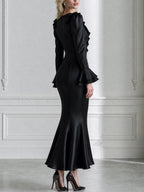 Satin Plunge Ruffle-Neck Flare-Cuff Mermaid Maxi Dress