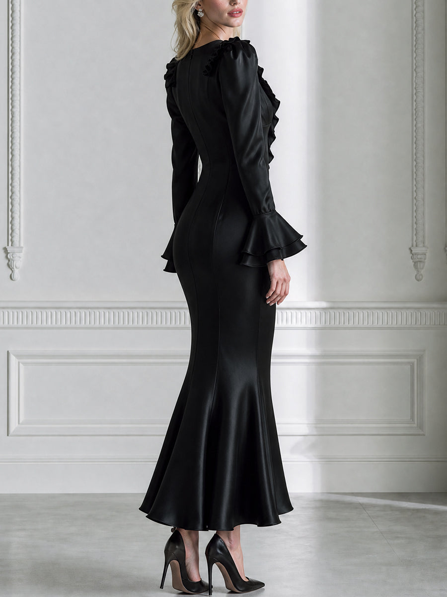 Satin Plunge Ruffle-Neck Flare-Cuff Mermaid Maxi Dress