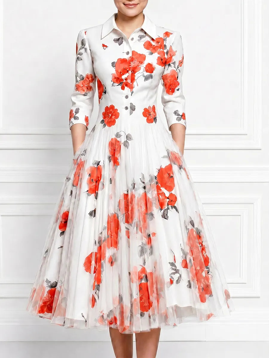 White Watercolor Red Floral Print Shirt Collar Pleated Tulle A-Line Midi Dress